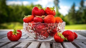 Strawberries in a crystal bowl.