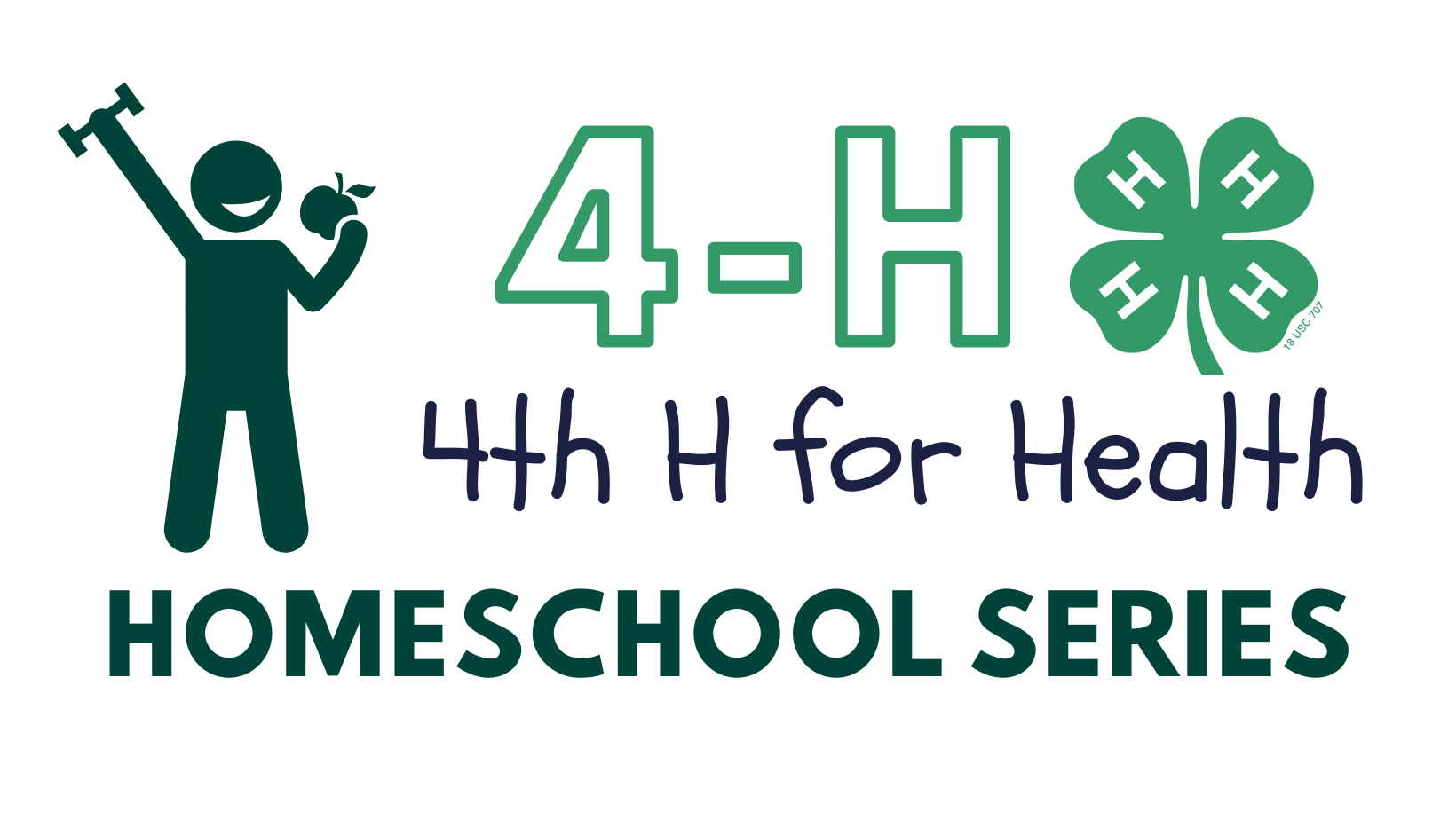 4-H H for Health Cover Image, Graphic of person lifting a weight and eating an apple with a 4-H clover in the top right of the image