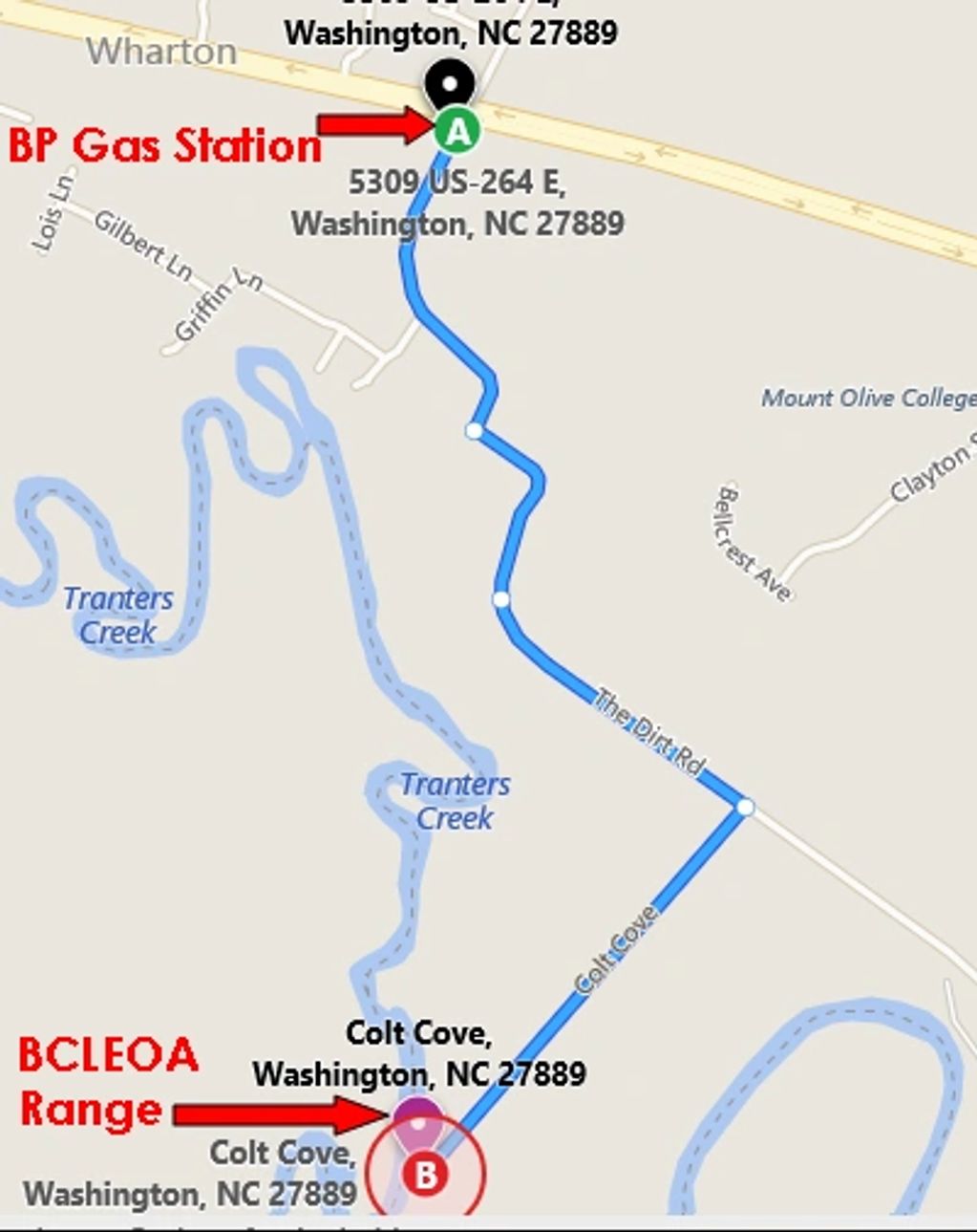 Turn right by the BP gas station on 264 and follow the road down the dirt road. turn right onto Colts Cove Road and the BCLEOA range will be on the right. 