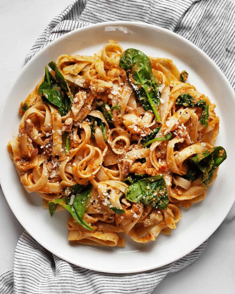 Pumpkin Pasta with Toasted Walnuts and Spinach