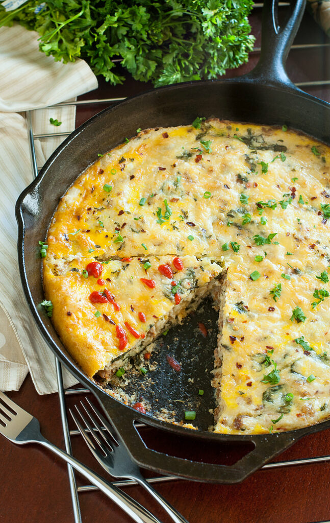 Sausage, Egg and Cheese Grits with Spinach Breakfast Bake